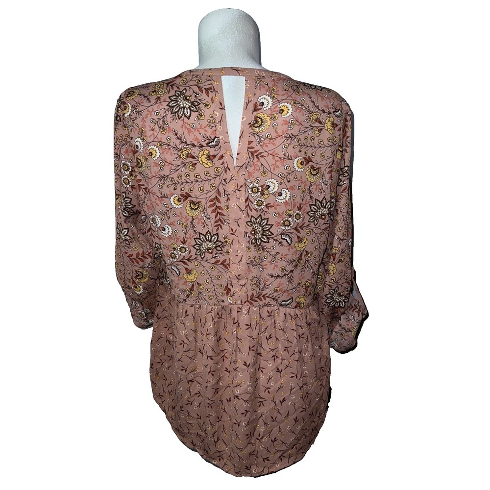 DR2 Daniel Rainn Womens Sz Large Floral V-Neck Cutout Back Roll Tab Blouse Pink - Picture 5 of 12